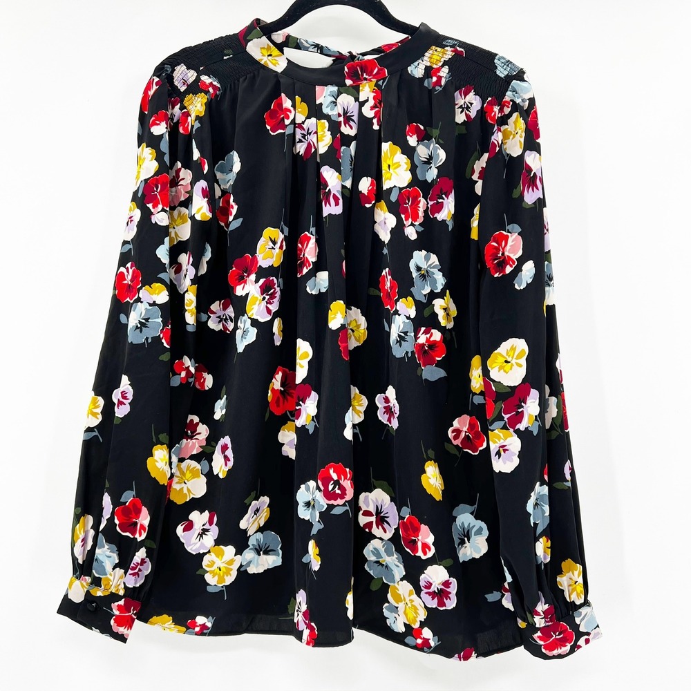 Ann Taylor Black Floral Print Long Sleeve Smocked Neck Tie Back Blouse Size S - Picture 3 of 5